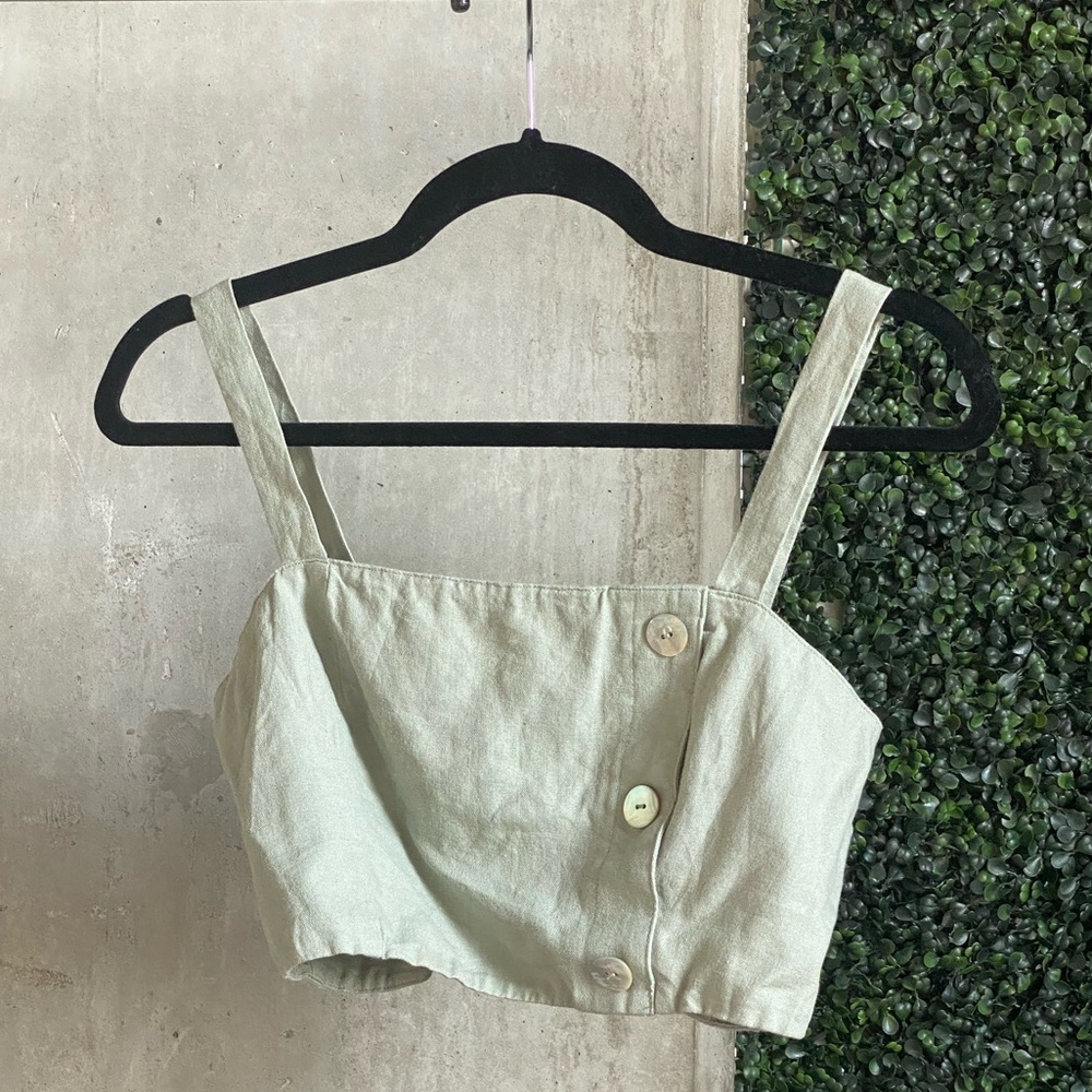 Linen Sage Button Crop Top